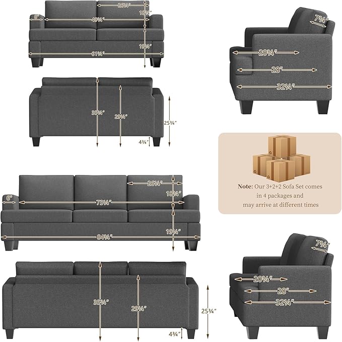 Furnimart Sectional Couches for Living Room, Modern 2 Loveseats and 3 Seater Couch, Deep Seat Sectional Sofa Set, Comfy Fluffy Grey Couch with Removable Sofa Cover, Dark Grey