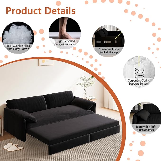66-Inch Queen Size Convertible Sleeper Sofa Bed, 3-in-1 Pull-Out Futon Loveseat, Velvet Love Seat Couch with Side Pocket for Living Room, Office, Apartment, RV, Hide-A-Bed Fold Out Sofa&Couch
