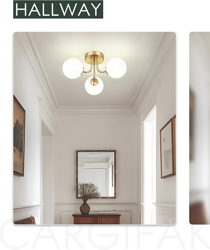 3-Globe Gold Semi Flush Mount Ceiling Light in a Modern Farmhouse Design is Ideal for Living Rooms, Bedrooms, or Dining Rooms. Model:CKCL4845-3W-PG