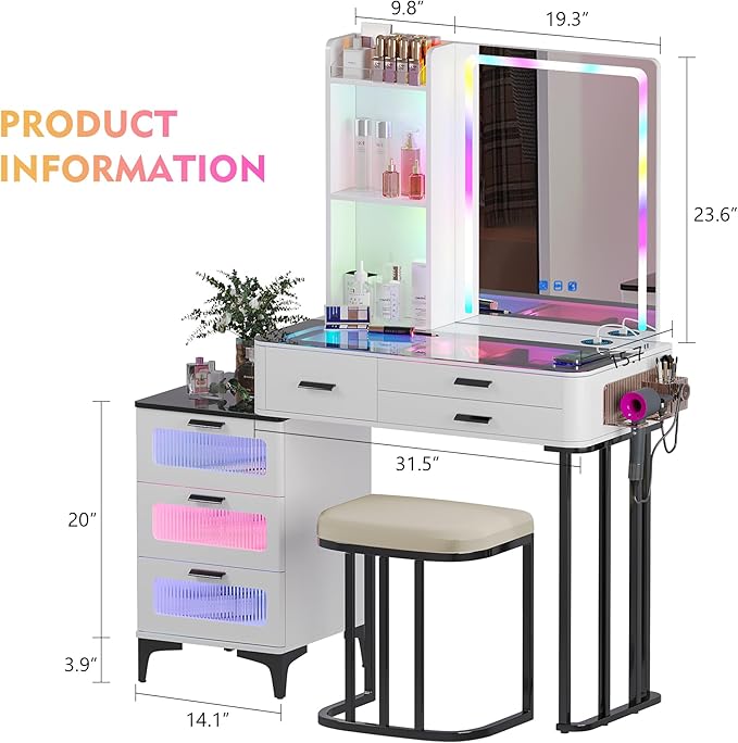 HNEBC Vanitys with HD Glass Display Table, Makeup Desk with Lighted Mirror and Charging Station, Dressing Table with RGB Lights,Jewelry Organizer,Cabinet,6Drawers,Chair for Women/Girls (White)