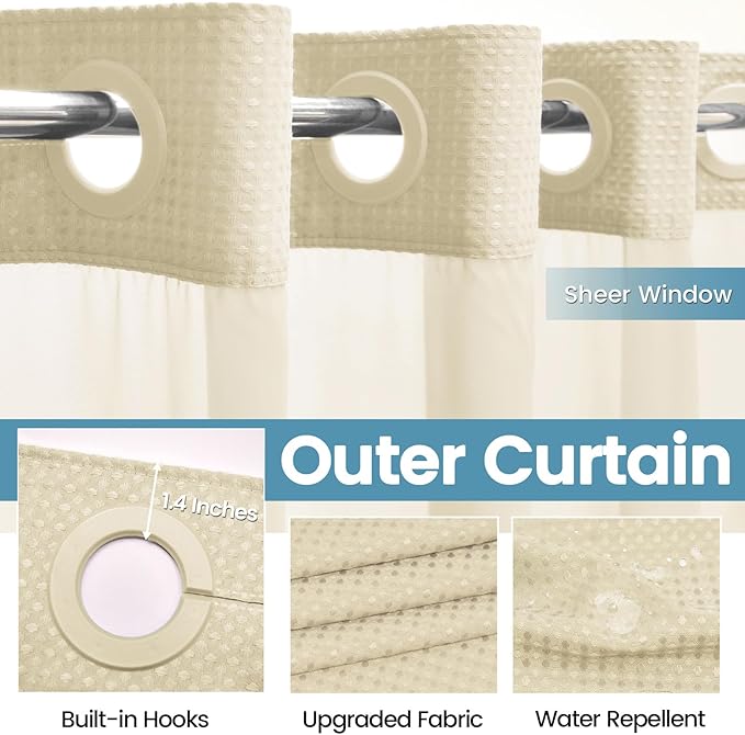 Ivory Hotel Shower Curtain with Detachable Liner - 230GSM Waffle Textured,Hotel Grade,Spa Like Bath Curtain,71W x 74H