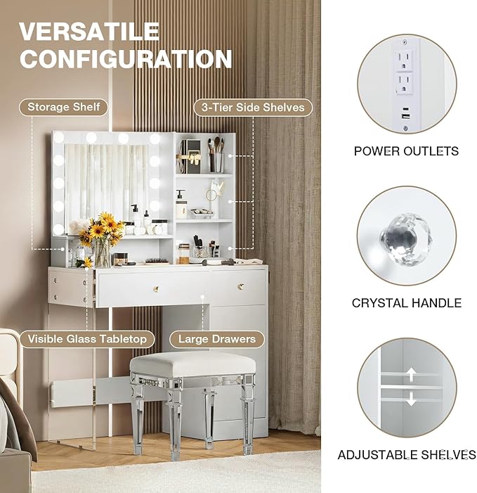 Vanity Desk with Mirror and Lights, Makeup Vanity Table and Chair Set with Power Outlet, 3 Color Modes Adjustable Brightness White Vanity, Dressing Table for Bedroom