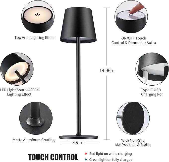 BGFHome Cordless Table Lamp LED Desk lamp,5000mAh Rechargeable Touch Night Light Wireless Minimalist Design for/Restaurant/Bedroom/Bars/Outdoor Party/Camping/Coffee Shop(2 Pack Black)