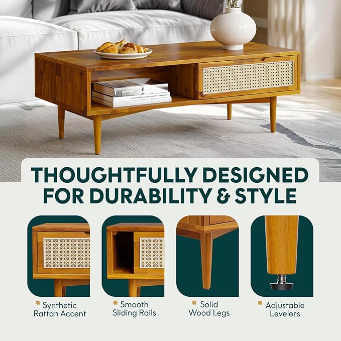 Bme Oliver Coffee Table, Mid Century Modern Coffee Table, Side Table with Storage, 2 Drawers & Open Compartments, Solid Wood Legs with Adjustable Levelers, Rattan Accent for Living Room, Caramel