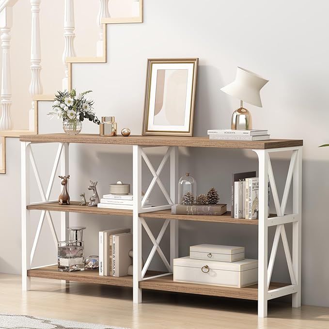 IBF Farmhouse Entryway Table, Wood TV Console Table, Rustic Metal Sofa Table, Industrial Hallway Tables with Storage Shelves, Modern Foyer Tables for Front Entry Way, White and Rustic Oak, 47 Inch