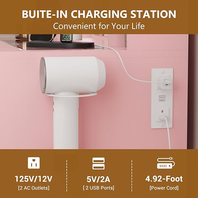 Pink Vanity Desk with Mirror and Lights, Glass Top Vanity with Lighted Mirror & RGB Cabinet and 3 Drawers, Dressing Table with 8 Shelves, Makeup Desk with Lights for Girls Bedroom, 3 Color Modes