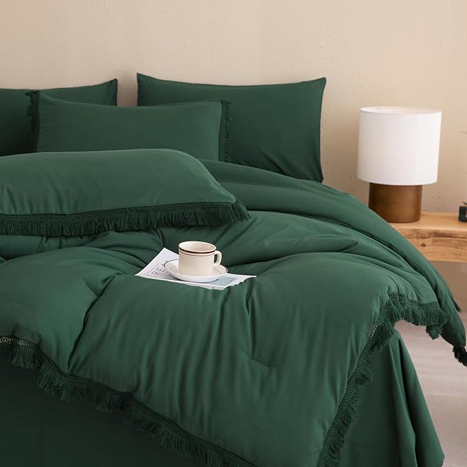 Andency Queen Comforter Set with Sheets Dark Emerald Green -7 Pieces Bed in a Bag Boho Tassel Bedding Sets, All Season Fringe Bed Set with Comforter, Sheets, Pillowcases & Shams