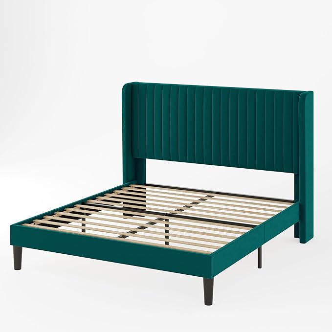 Allewie Queen Size Bed Frame/Velvet Upholstered Platform Bed/Vertical Channel Tufted Wingback Headboard/Strong Wooden Slats/No Box Spring Needed/Easy Assembly/Teal