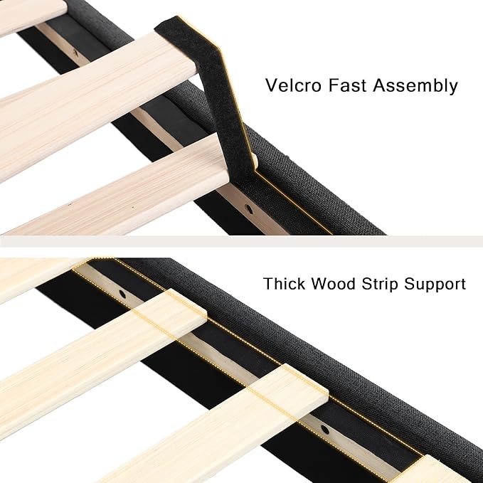 Queen Upholstered Bed Frame with Headboard, Button Tufted Linen Bed Base, Platform Bed with Wood Slat, Heavy Duty, Easy Assembly, No Box Spring Needed, Dark Gray