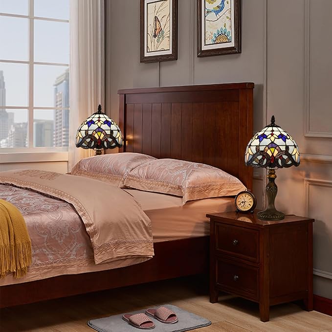 Tiffany Table Lamp for Bedroom Bedside Nightstand Table Lamp 3 Light Colors LED Stained Glass Lamp Shade End Side Small Table Lamps for Living Room 8X8X15Inch Hotel Home Reading Desk Lamp
