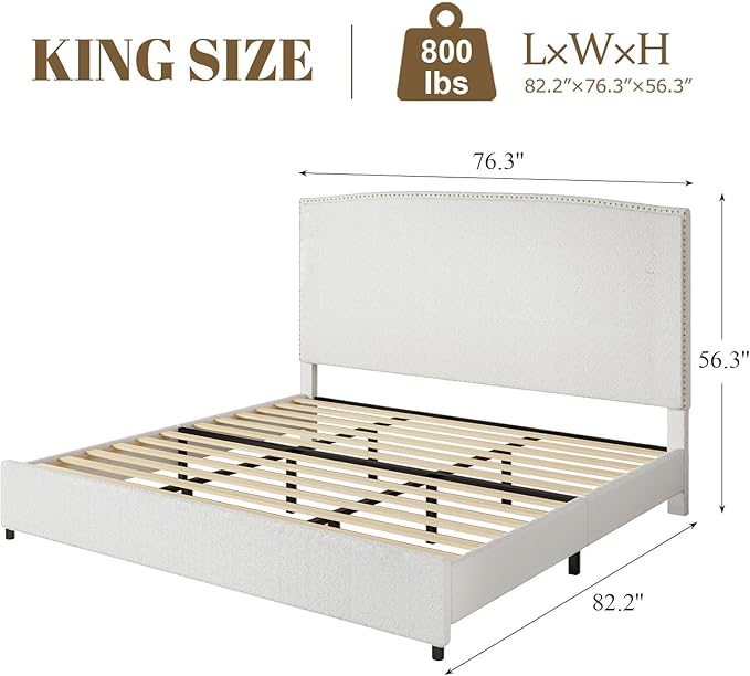 King Size Bed Frame and Headboard, 56" Upholstered Platform Bed with Nailhead Trim, Soft Boucle Fabric, No Box Spring Needed, Easy Assembly, White