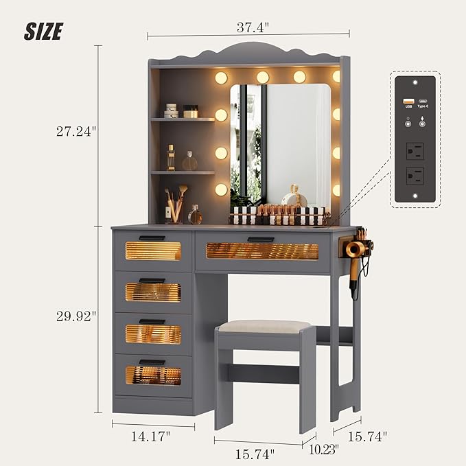 HWB Makeup Vanity Desk with Mirror and Lights,Vanity Table with 5 Drawers&2 Shelves,Vanity Set for Bedroom,Dressing Table with 10 Light Bulbs and USB Port&Human Sensor Design,Grey