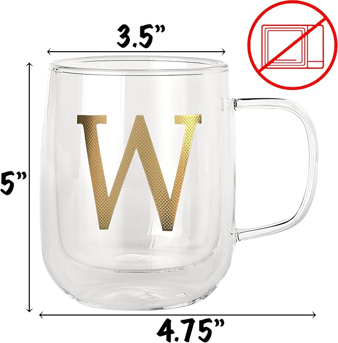 COLLECTIVE HOME - Double Walled Glass Coffee Mugs, Insulated Coffee Mug with Handle, Personalized Gifts for Women, Men, Christmas, 14 oz Monogram Cups (W)
