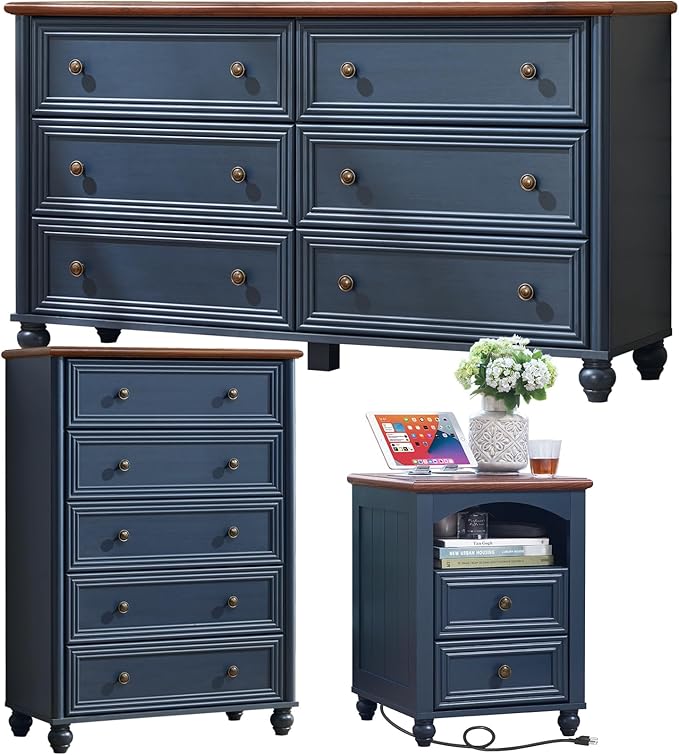 Farmhouse Dressers & Night Stand Set of 3, Wood 54" Wide Dresser & 45"Tall Chest of Drawers, 18" with Charging Station Nightstand, Bedroom Furniture 6 Drawer Dresser Set for Home Living Room Hallway