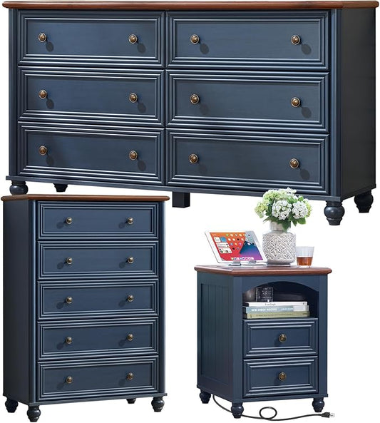 Farmhouse Dressers & Night Stand Set of 3, Wood 54" Wide Dresser & 45"Tall Chest of Drawers, 18" with Charging Station Nightstand, Bedroom Furniture 6 Drawer Dresser Set for Home Living Room Hallway