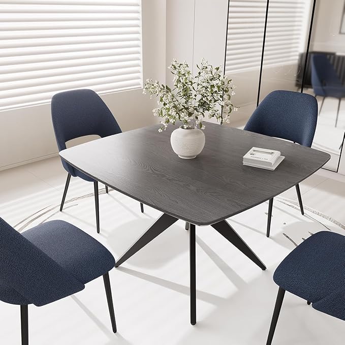 Kidol & Shellder 45.2" Square Dining Table Set for 2-4 People Modern MDF Wooden Dining Room Table with X-Shaped Metal Base Kitchen Table for Dining Room Kitchen Office（Black Table+4pcs Blue Chairs