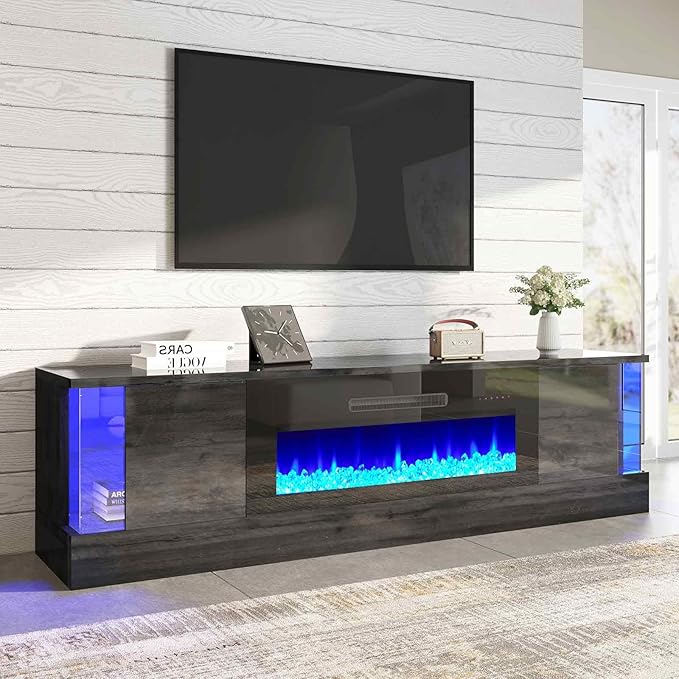 AMERLIFE 70" Glossy Oak Fireplace TV Stand with 36" Fireplace for TVs up to 80", LED Lights Entertainment Center with Flip Doors & Corner Glass, Modern TV Console Table, Living Room, Black
