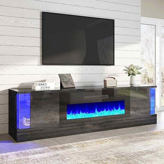 AMERLIFE 70" Glossy Oak Fireplace TV Stand with 36" Fireplace for TVs up to 80", LED Lights Entertainment Center with Flip Doors & Corner Glass, Modern TV Console Table, Living Room, Black