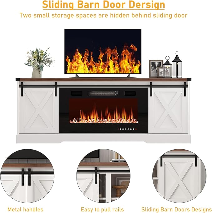 Farmhouse Fireplace TV Stand for 70/75/80 Inch TV, 70 inch Entertainment Center Storage Cabinets with 36”Electric Fireplace and Sliding Barn Doors, Media Console Cabinet for Living Room, White