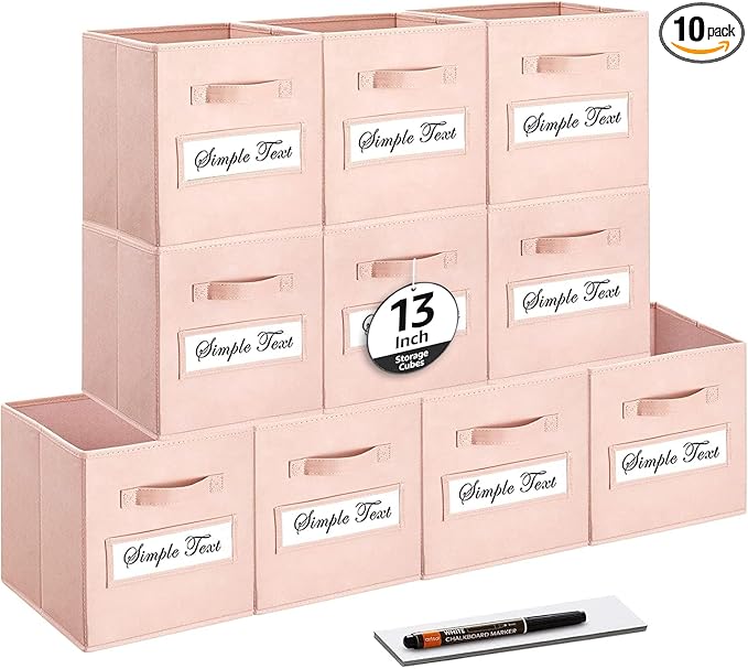 artsdi 13x13x13 storage cube bins(Set of 10) Fabric storage cubes with 10 Labels Window Cards & a Pen, storage cubes 13x13, Collapsible 13 inch cube storage bins, Cubby Organizer Boxes, Pink