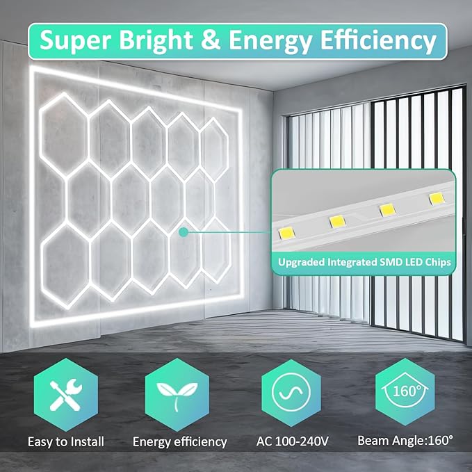 Hexagon Lights: Higher Brightness 900W, 96,200 LM, 6,500K Hexagon Garage Lights with Rectangle Frame, Hexagon LED Lights 14 Grid for Garage, Shopping Mall, Workshop
