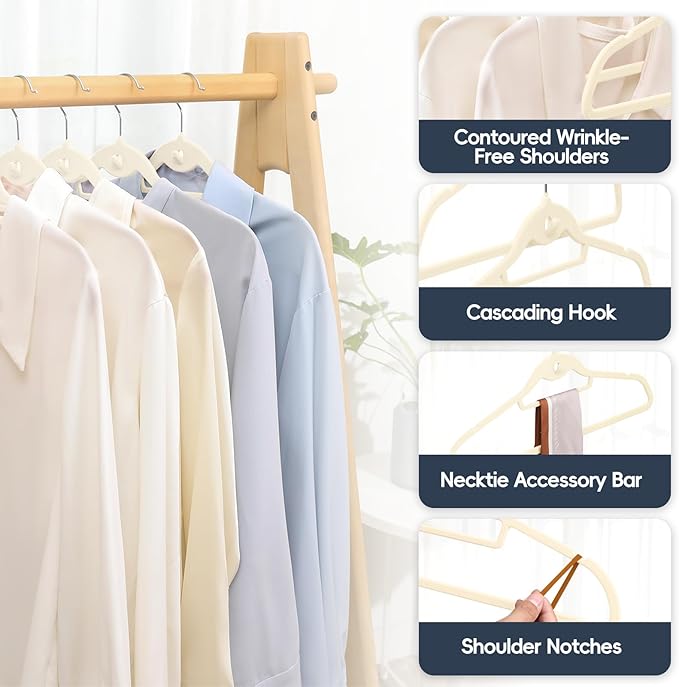 Velvet Hangers 50 Pack, Non Slip Stackable Clothes Hangers with Cascading Hooks, Ultra Thin and Space Saving Felt Hangers with Tie Bar, 360° Swivel Hooks, Heavy Duty for Suit Coat Shirt Pant- Ivory