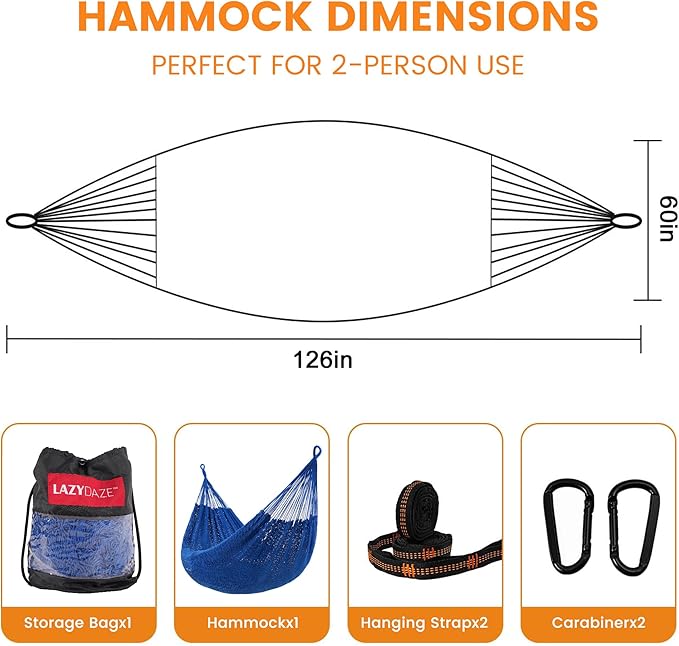 Lazy Daze Hammocks Handwoven Mayan Hammock, 10.5 FT Soft Rope Double Hammocks, Portable Outdoor Hammock with Carry Bag, 2 Straps & carabiners for Patio Outside, 550 lbs Weight Capacity, Blue