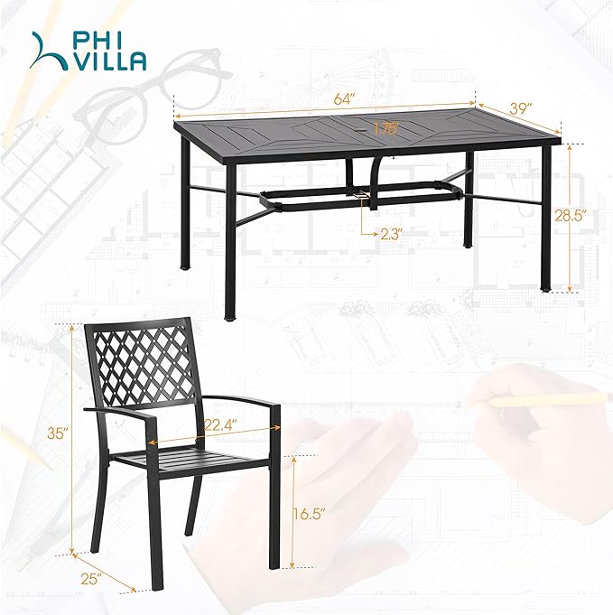 PHI VILLA 7-Piece Outdoor Dining Set, Rectangular Metal Table (64") with Umbrella Hole and 6 Stackable Dining Chairs – Perfect for Patio, Garden, Deck, Porch, and Yard, 7PCS Outdoor Dining Set Style 1