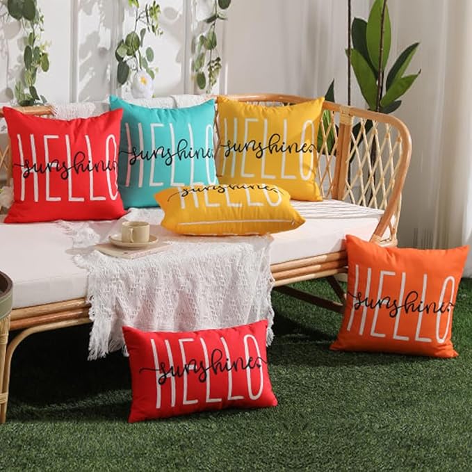 DFXSZ Outdoor Pillow Covers 20x20 Inch Set of 2 Hello Sunshine Decor Yellow Waterproof Throw Pillow Covers Summer Outdoor Waterproof Pillow Covers Decor for Patio Funiture Garden Sofa Couch 020B20