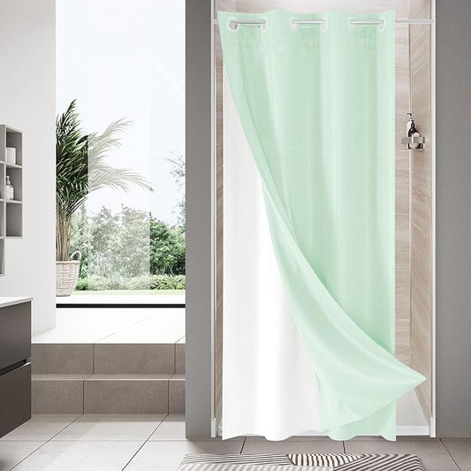 MitoVilla Green Waffle Small Stall Shower Curtain 36 x 74, No Hooks Required Half Size Narrow Fabric Cloth Shower Curtain Set with Snap-in Liner for Modern Bathroom Decor, Mint Green