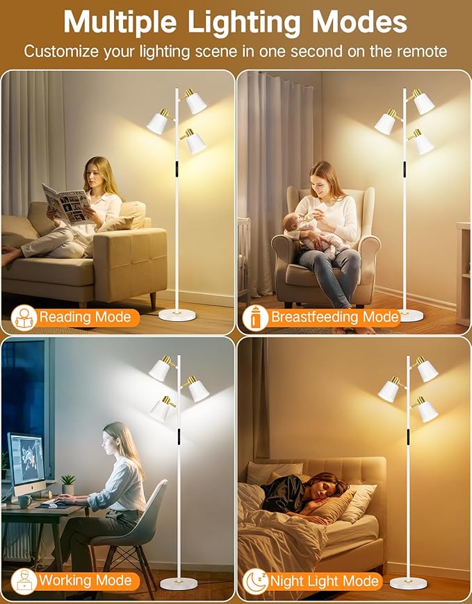 OUTON LED Tree Floor Lamp, Modern Dimmable Standing Lamp with Remote & Touch Control, 4 Color Temperatures, 3 Rotatable Lights Floor Lamps for Living Room, Bedroom, Office, White & Gold