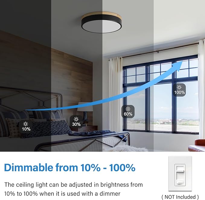 Dimmable Wood LED Ceiling Light, 5CCT 2700K-6000K Modern Black Flush Mount Ceiling Light, Minimalist Round Close to Ceiling Light Fixture for Bedroom, Kitchen, Laundry Room, Hallway, 11.81in