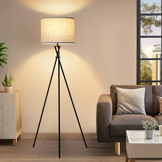 Tripod Floor Lamp Black, 61” Tall Floor Lamps, Standing Lamp with Rotary Switch, Modern Floor Lamp Simple Design with Beige Shade, Floor Lamps for Living Room, Bedroom, Office, Without Bulb