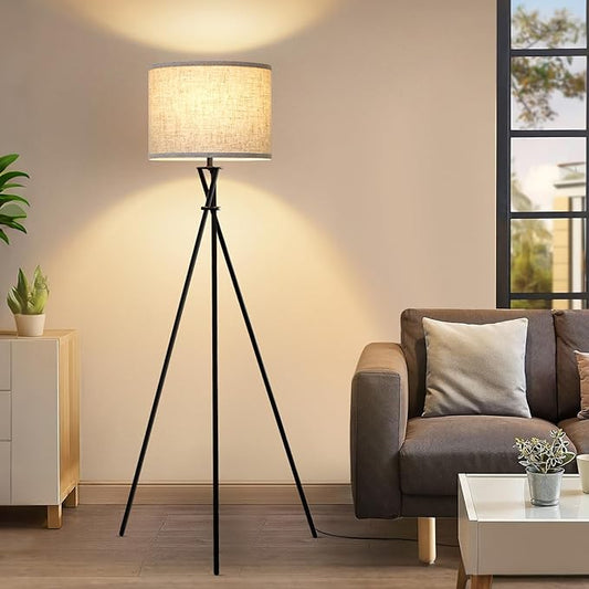 Tripod Floor Lamp Black, 61” Tall Floor Lamps, Standing Lamp with Rotary Switch, Modern Floor Lamp Simple Design with Beige Shade, Floor Lamps for Living Room, Bedroom, Office, Without Bulb