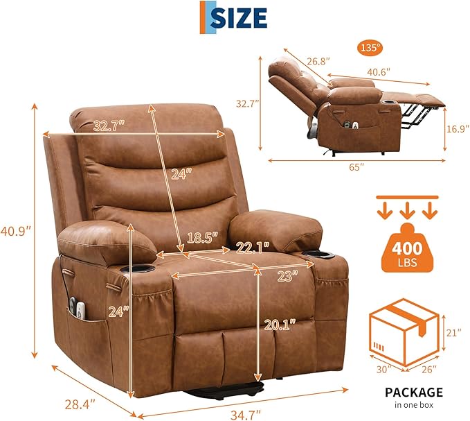 Power Lift Recliner PU Chair for Elderly, with Massage & Heat, Big and Tall Living Room or RV Single Sofa for Adults, 135° Reclining Accent Chairs, 2 Cup Holders and Side Pockets (Brown Leather)