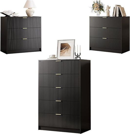 3-Piece Dresser Bedroom Set, 5 Drawer Dresser & 3 Drawer Nightstands with Gold Handles, Fluted Wood Chest of Drawers for Bedroom, Living Room, Entryway, Black