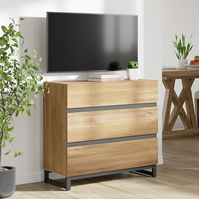 WAMPAT Modern TV Stand for TVs up to 40 inch, Entertainment Center TV Console with 3 Drawers and Metal Base, Media Console for Living Room, Bedroom, Oak