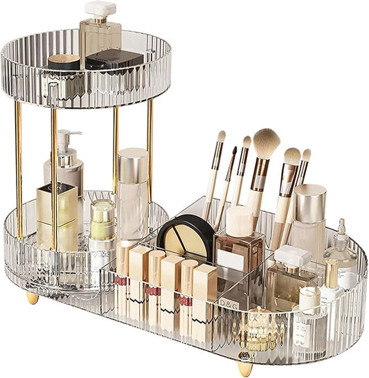 DASITON 360° Rotating Makeup Organizer for Vanity, 2 Tier Perfume Cosmetic Skincare Organizers with Makeup Brush Holder, Large Capacity Cosmetic Display Case for Bedroom Bathroom Countertop (Clear)