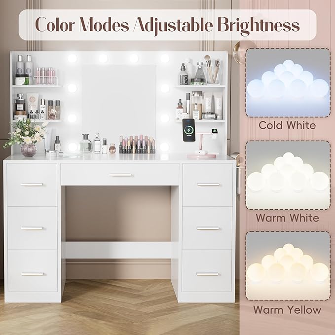 YESHOMY Vanity Desk with Mirror, Power Outlet and 10 Lights, Makeup Table with 7 Drawers, 3 Color Modes Available for Bedroom, Light White