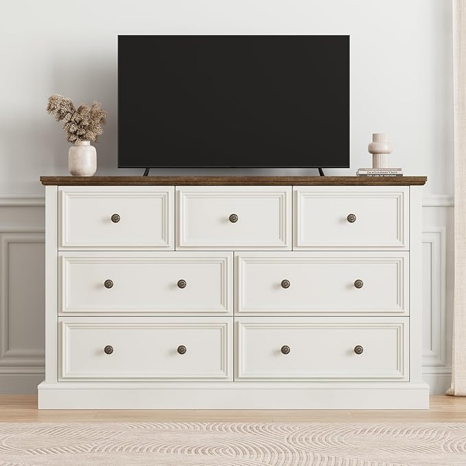 Farmhouse 7 Drawer Dresser for Bedroom, 55" Wide Wood Rustic Chest of Drawers for Bedroom, Storage Dressers Clothes Organizer for Closet, Living Room, Hallway, Dining Room(Vintage White)