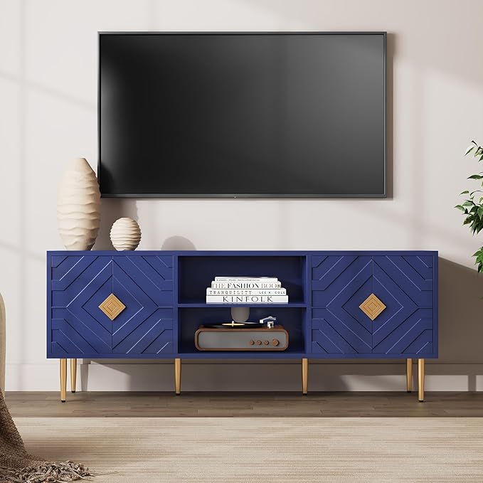 HLR 63''Modern TV Stand for 65/70/75 inch TV, Entertainment Center with Storage Cabinet, Mid Century Blue TV Stand,Embossed Pattern TV Console, TV Media Console for Living Room, Bedroom
