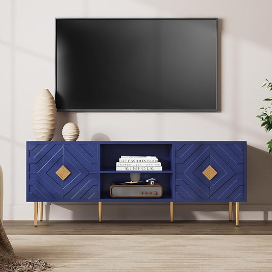 HLR 63''Modern TV Stand for 65/70/75 inch TV, Entertainment Center with Storage Cabinet, Mid Century Blue TV Stand,Embossed Pattern TV Console, TV Media Console for Living Room, Bedroom