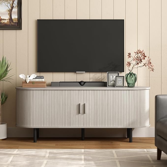 55" TV Stand with Power Outlet for TVs up to 60 Inch, Entertainment Center with Storage and Adjustable Shelves, Modern Media Console with Sliding Doors for Living Room, Natural White