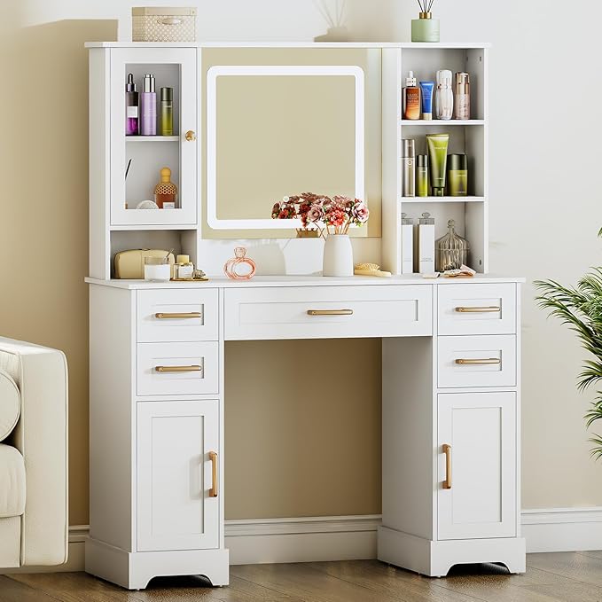 Makeup Vanity Desk with Mirror and Lights - 55.2in Vanity Table with 5 Drawers & Adjustable Cabinets, Large Makeup Vanity, Wood Farmhouse Dressing Table White Vanity Desk for Bedroom, 3 Lighting Modes