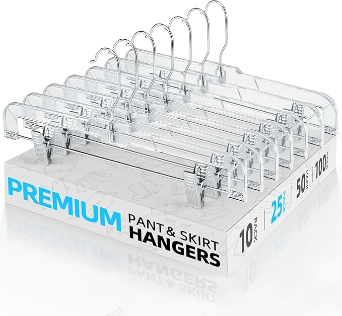 HOUSE DAY Clear Pants Hangers with Clips 25 Pack, Non-Slip Skirt Hangers for Women, Upgraded Heavy Duty Plastic Clip Hanger for Pants, Trousers, Jeans, 14" Short Hanger, 360-Rotating Swivel Hook
