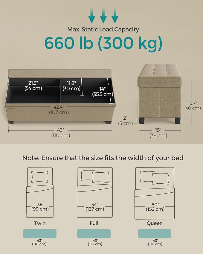 SONGMICS Storage Ottoman Bench, Foldable Foot Rest with Legs, 15 x 43 x 15.7 Inches, End of Bed Bench, Storage Chest, Load up to 660 lb, for Living Room, Bedroom, Entryway, Camel Brown ULSF018K01
