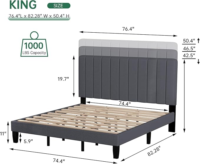 King Size Bed Frame, Upholstered Platform King Bed Frame with Fabric Headboard and Wooden Slats Support,No Box Spring Needed/Non-Slip Without Noise/Easy Assembly, Dark Grey