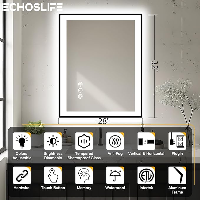 28x32 LED Bathroom Mirror - Black Aluminum Framed, Front and Backlit Mirror,Anti-Fog Framed Bathroom Vanity Mirror,Stepless Dimmable Lighted Mirror,3 Colors Smart Mirror(Horizontal/Vertical)