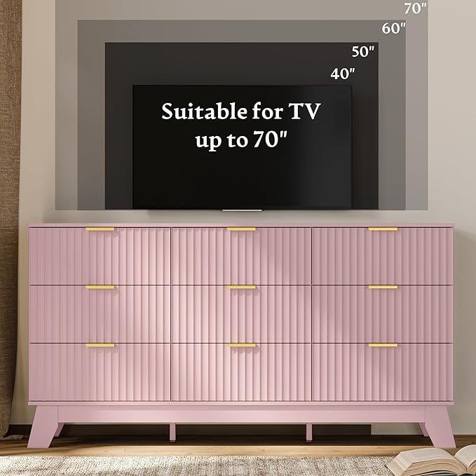Fluted Dresser for Bedroom with 9 Drawers, 57" Mid Century Modern Dresser of Closet TV Stand, Nature Wood Dressers with Gold Handle, Boho Closet Wide Modern Chest of Drawers, Pink