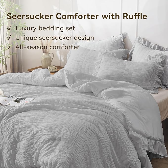 JOLLYVOGUE Light Grey Comforter Full Size, 3 Pieces Seersucker Lightweight Full Size Bedding, All Season Fluffy Microfiber Bedding Comforter Set with 1 Ruffle Comforter and 2 Ruffle Pillowshams